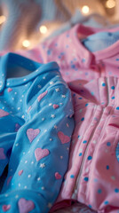 Three baby clothes with hearts and stars on them