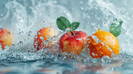 Fruit splashing out of a bowl with fruits on blue background. Generative AI