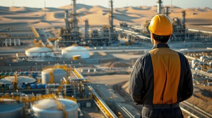 Engineer overlooking a vast desert oil extraction operation from a high vantage point