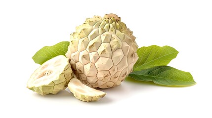 Poster - Custard apple with geometric pattern. Fresh delicious fruit on a white background. Close-up view with green leaves. AI