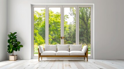 Wall Mural - modern living room with white couch and large window. simple and minimalist design, filled with natu