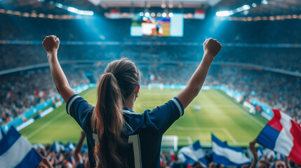 Woman soccer fan in a stadium during a soccer match, football match