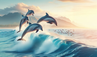 Wall Mural - A pod of dolphins leaps over the waves