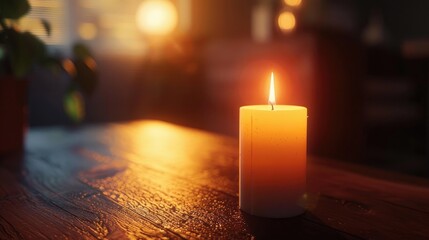 Wall Mural - A photo-realistic image of a white candle with a single flame in a dim room