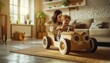 © nur - The moment a mother and child play with vehicles made from used cardboard in the living room