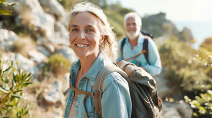 Wall Mural - A happy middle aged couple hiking on a coastal path