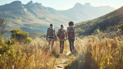 Wall Mural - A group of young friends hiking in the mountains