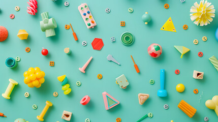 Wall Mural - Miniature toys and triangular badges scattered on a seafoam green background 