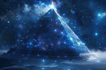 Poster - A pyramid composed entirely of shimmering stars and galaxies gleams like a beacon in the emptiness of space. This image symbolizes the intangible nature of metaphysical concepts