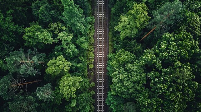 A railway track surrounded by greenery symbolizing the benefits of utilizing trains for transportation over trucks or planes in terms of cost and environmental impact