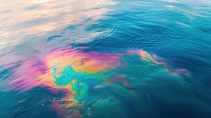 Canvas Print - A rainbowhued sheen spreads across the calm ocean surface a stark contrast to the vibrant marine life that is threatened by exposure to leaked oil and gas