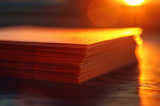 A close-up shot of a stack of business cards in a gradient of warm orange tones, casting a warm glow.