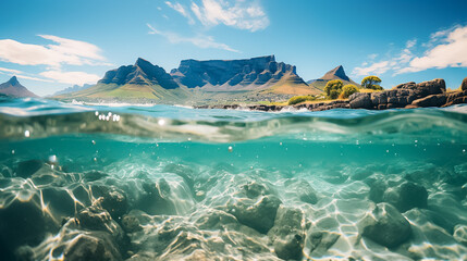 A beautiful blue ocean with a mountain range in the background