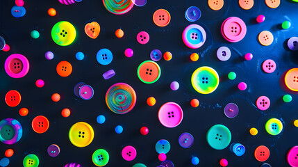 Wall Mural - Neon buttons and circular stickers scattered on a black background 