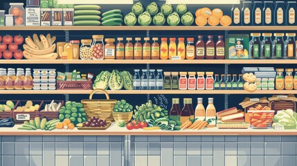 Wall Mural - Minimal style, realistic depiction of a health food store aisle with fresh produce, whole grains, and natural snacks. This illustration emphasizes the variety of healthy eating options available,