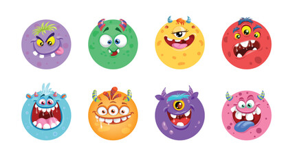 Wall Mural - Cartoon monster ball faces set. Collection of Halloween monster faces with different expressions and colors. Vector illustrations.