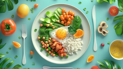 Wall Mural - Realistic illustration of a portion-controlled meal with a balanced diet featuring lean protein, whole grains, and vegetables. The minimal style highlights the benefits of portion control, showcasing