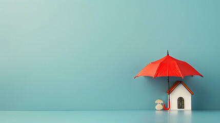 Photo of A house with an umbrella on light blue background. home protection and insurance. Web banner with copyspace on the right for text 