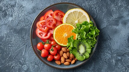 Wall Mural - Realistic illustration of a raw food diet plate with fresh fruits, vegetables, and nuts. The minimal style emphasizes the health benefits of raw, unprocessed foods, showcasing the vibrant colors and