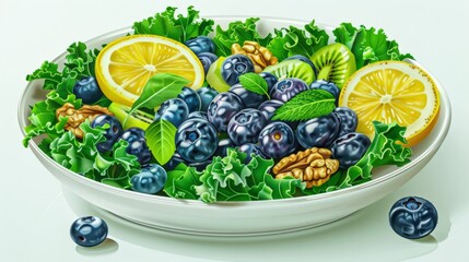 Wall Mural - Realistic illustration of a superfood salad with kale, blueberries, walnuts, and a lemon vinaigrette. The minimal style highlights the vibrant colors and nutritional benefits of superfoods, focusing