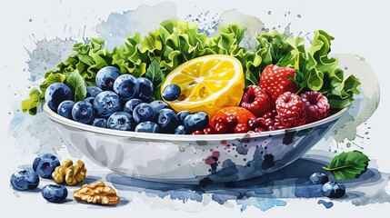 Wall Mural - Realistic illustration of a superfood salad with kale, blueberries, walnuts, and a lemon vinaigrette. The minimal style highlights the vibrant colors and nutritional benefits of superfoods, focusing