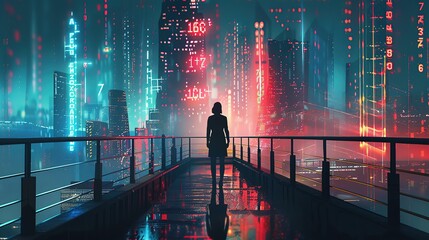 Poster - A silhouetted figure standing on a bridge the city skyline visible in the background. Numbers and data projections are displayed in neon light highlighting the importance