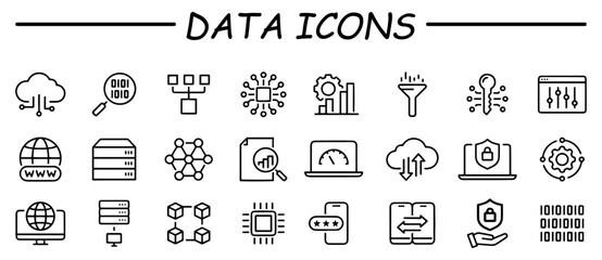 Data icon collection. Flat vector illustration. Containing data integration, data management, file backup, search, data science, analytics, check, network, classification, binary.