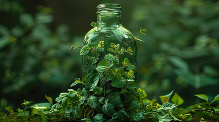 Bottle covered with green plants on the green background