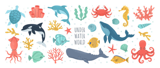 hand drawn sea animals set. wild marine life, seashells, fish, seaweed and corals. whale, octopus, c