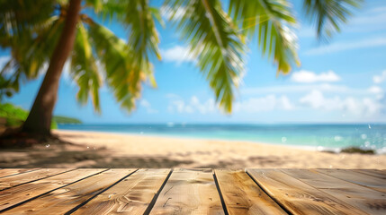 The wooden table top with blurred background of tropical beach and palm tree on summer vacation 