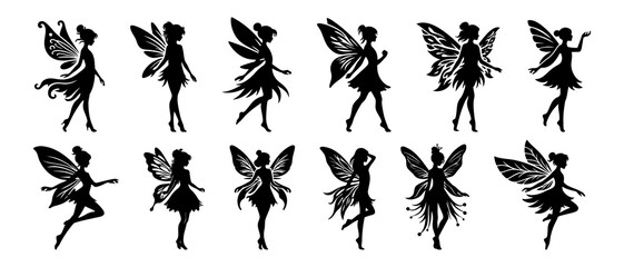 Wall Mural - Beautiful fairy side view silhouette black filled vector Illustration icon set.