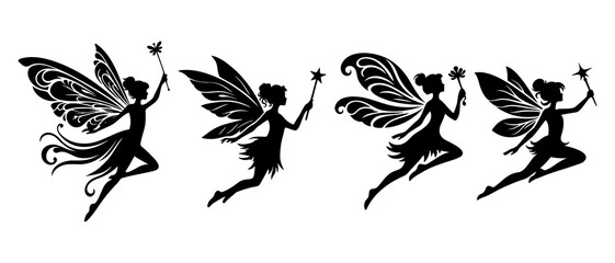 Wall Mural - Beautiful fairy side view silhouette black filled vector Illustration icon set.