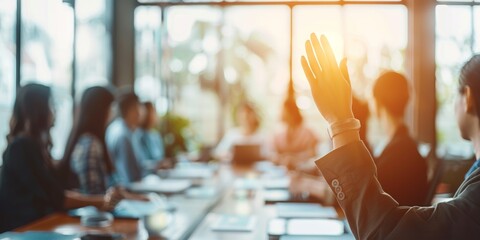 Business professionals engaged in a successful meeting, applauding teamwork and collaboration during a corporate conference