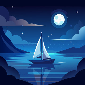 Sail boat in night. Moonlit Sail Boat