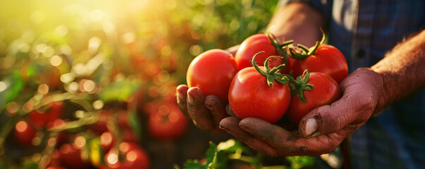 farmer holding fresh tomatoes in his hands, in a closeup shot with sunlight creating a warm and inviting atmosphere, focusing on the vibrant red color of tomato against a lush greenery background