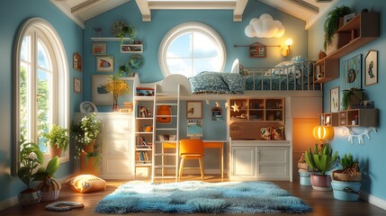 a child room with sky blue walls, a loft bed with a desk underneath, and a cloud-shaped lamp