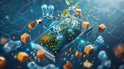 Concept of green technology. green recycle sign, circuit board technology innovations. Environment Green Technology Computer Chip.Green Computing, Technology, CSR, and IT ethics