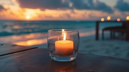 Wall Mural - Candle holder placed on oceanfront cafe table