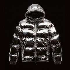 Wall Mural - Shiny Silver Puffer Jacket on Black Background. Generative ai