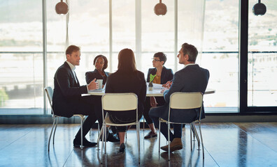 Poster - Meeting, planning and group of business people in office with legal case for company bankruptcy. Discussion, teamwork and professional attorneys work on financial corruption law project in boardroom.
