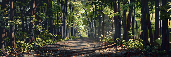  Serene Forest Landscape Cutout with Tall Trees and Dappled Sunlight