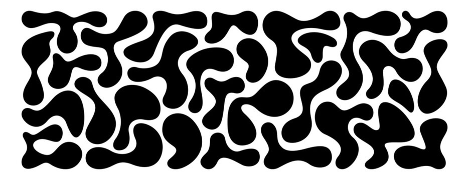 Set of irregular blobs. Black random liquid organic shapes. Wavy deform spots, fluid circle or simple amoeba blob. Abstract forms isolated on white background. Asymmetric blotches, amorphous elements.