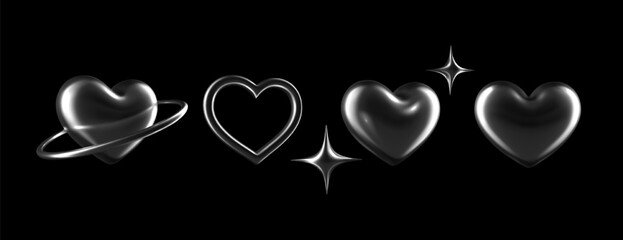 Wall Mural - 3d chrome hearts and star shapes with sleek metallic silver surfaces on black background. isolated a