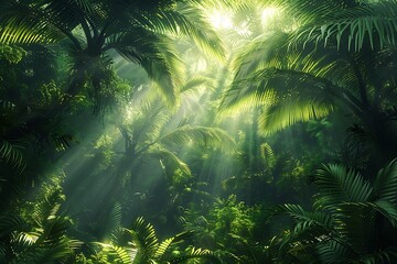 Wall Mural - Dark rainforest, sun rays through the trees, rich jungle greenery. Atmospheric fantasy forest. 3D illustration.