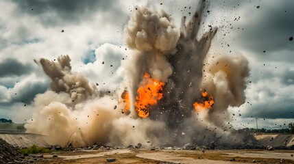 Wall Mural - 4. Illustrate a controlled explosion site enveloped in a haze of anticipation, as explosives experts carefully orchestrate the detonation process with precision and skill, ensuring safety and