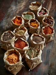 Poster - An assortment of dry spices, including turmeric, paprika, and cinnamon, are displayed in open paper bags, arranged on a weathered wooden table. Generative AI