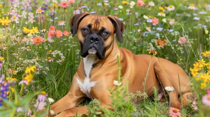 Wall Mural - Boxer Dog Relaxing in Colorful Wildflower Meadow