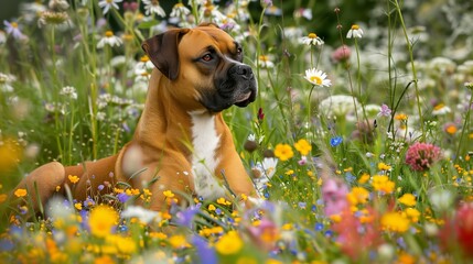 Wall Mural - Boxer Dog Relaxing in Colorful Wildflower Meadow