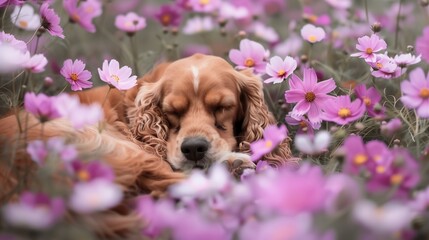 Wall Mural - Cocker Spaniel Sleeping in Cosmos Flower Field