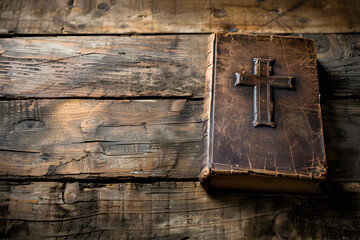 A closed bible book on a wooden table